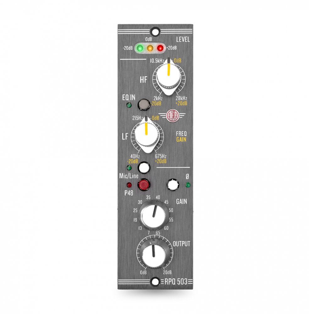 Front panel of an audio device with knobs for level, frequency gain, gain, output, and LED indicators.