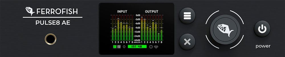 Front panel of a Ferrofish Pulse8 AE audio device with input/output meters, control dial, power button, and 1/4 inch jack.