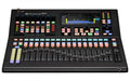 Black audio mixer with multiple faders, knobs, colorful buttons, and a touchscreen display panel.