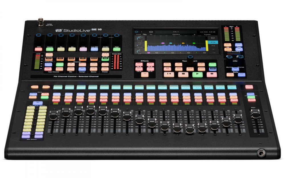 Black audio mixer with multiple faders, knobs, colorful buttons, and a touchscreen display panel.