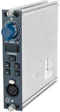Silver module with blue front panel, rotary gain knob, buttons, and a 3-pin XLR female connector.