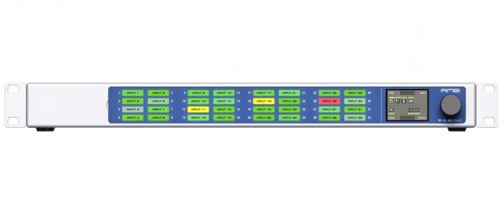 Front panel of an audio interface unit with 32 input indicators, a rotary knob, and a small screen on the right side.