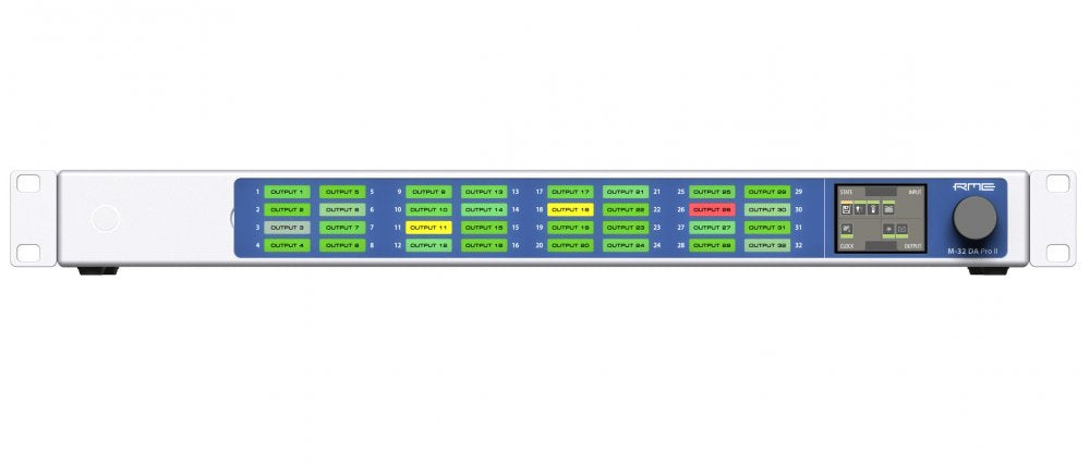 Rackmount audio device front panel with labeled outputs, screen, controls, and RME branding.