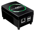 Black rectangular device with green ring light and Ethernet plus USB ports on one side.