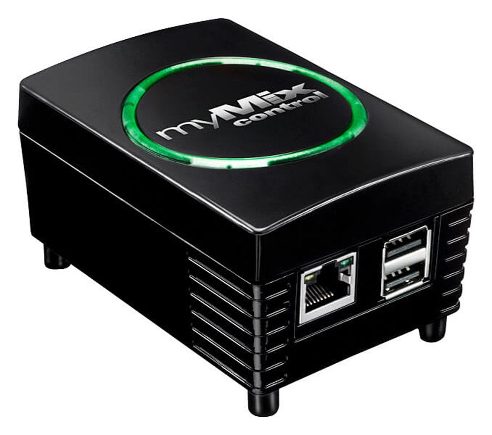 Black rectangular device with green ring light and Ethernet plus USB ports on one side.