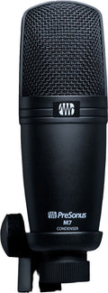 Black PreSonus M7 condenser microphone with foam windscreen on a mount.