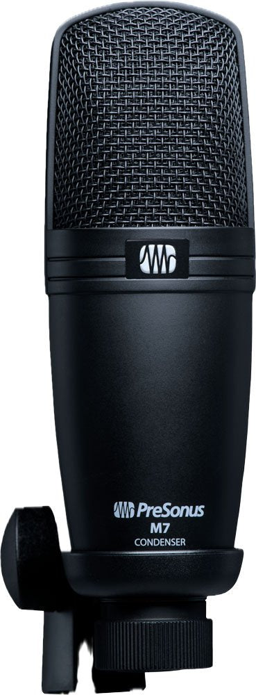 Black PreSonus M7 condenser microphone with foam windscreen on a mount.
