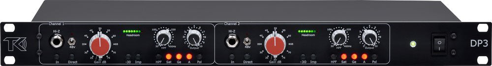 Front panel of a black dual-channel audio device with knobs, a 1/4 inch input jack, LEDs, and a power indicator light.