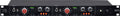 Front panel of a black dual-channel audio device with knobs, a 1/4 inch input jack, LEDs, and a power indicator light.