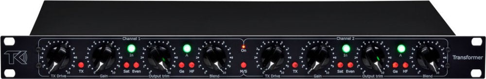 Front panel of a black rackmount audio processor with knobs, lights, and switches for two channels.