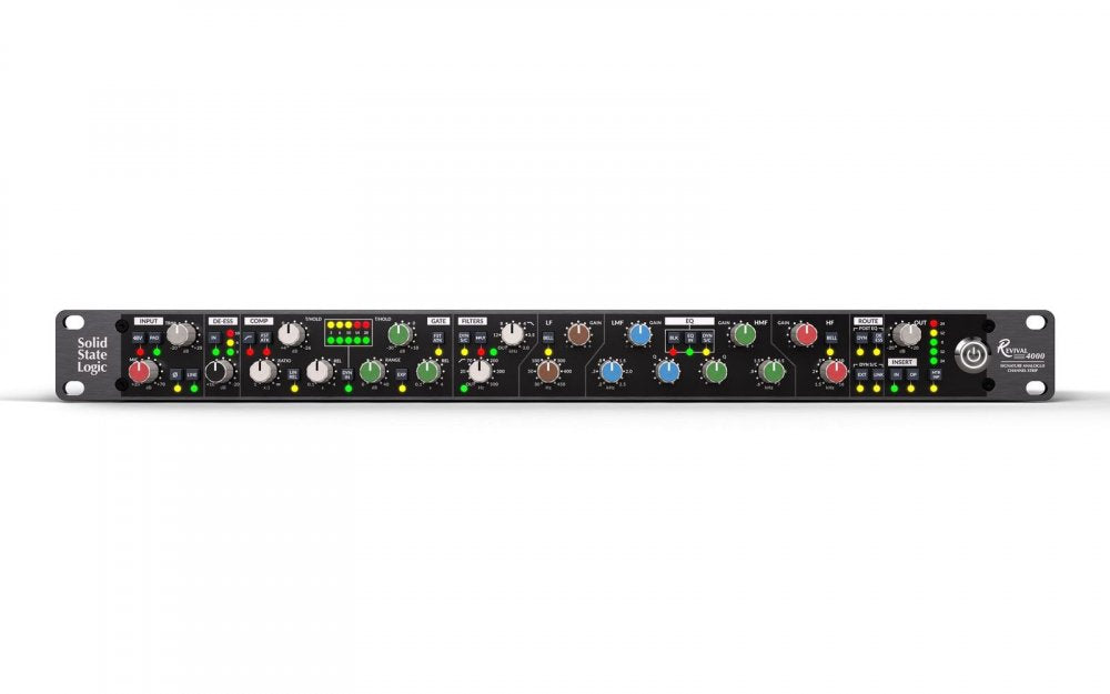 Front panel of a Solid State Logic Revival 4000 audio channel strip with multiple rotary knobs, buttons, and LED indicators.