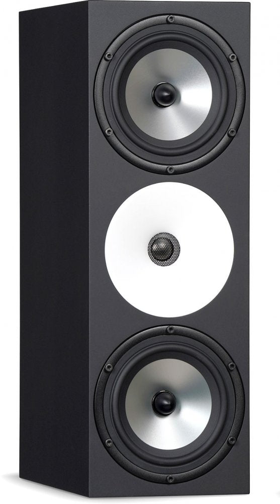 Black studio monitor speaker with two silver woofers and a white midrange driver in the center.