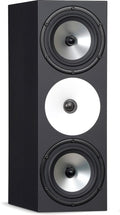 Black studio monitor speaker with two silver woofers and a white midrange driver in the center.