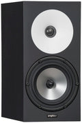 Black rectangular studio monitor speaker with white tweeter and silver woofer.