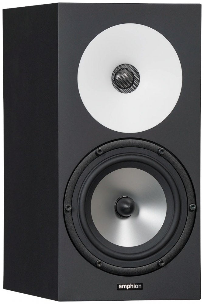 Black rectangular studio monitor speaker with white tweeter and silver woofer.