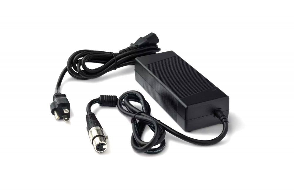 Black rectangular power supply unit with attached cable and separate power cord featuring a 3-pin circular connector and AC plug.