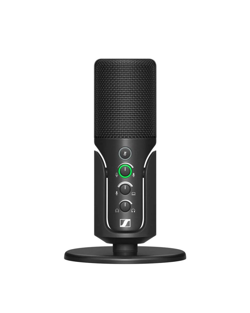 Black condenser microphone with metal mesh grille on a round stand showing mute button and control knobs with Sennheiser logo.