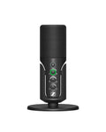 Black condenser microphone with metal mesh grille on a round stand showing mute button and control knobs with Sennheiser logo.