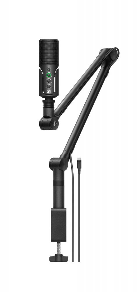 Black desktop microphone suspended on an adjustable arm stand with a USB-C cable and desk clamp attached.