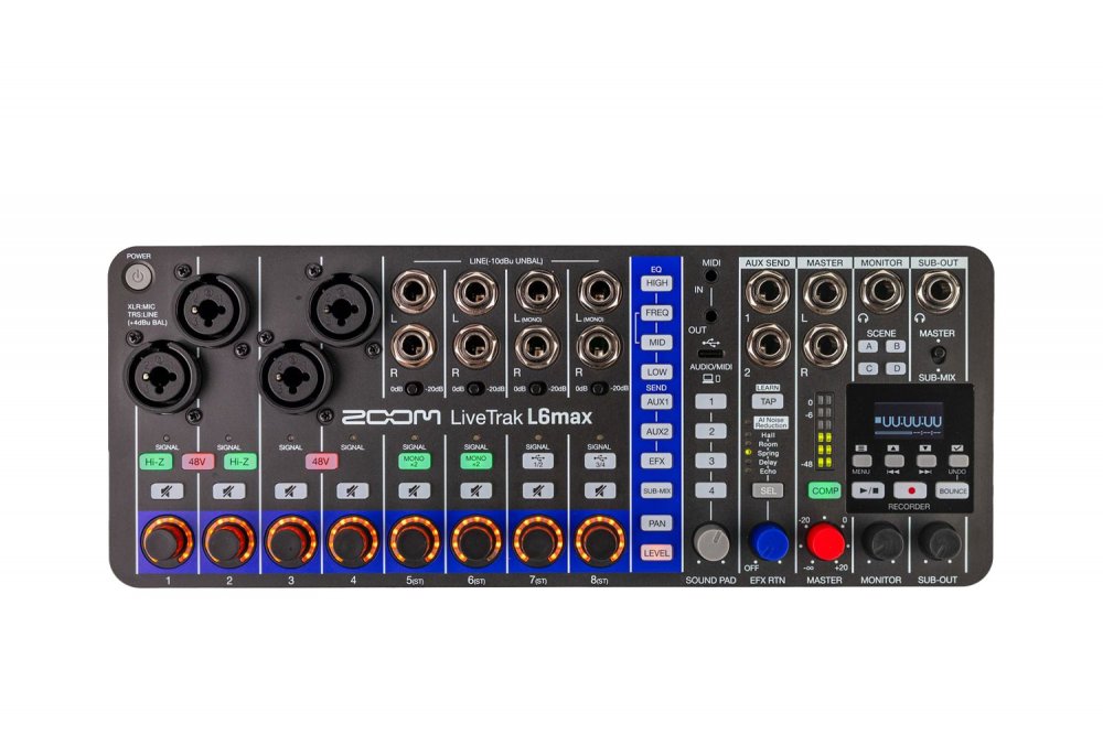Top view of a Zoom LiveTrak L6max mixer showing multiple input jacks, knobs, buttons, and a digital display.