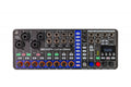 Top view of a Zoom LiveTrak L6max mixer showing multiple input jacks, knobs, buttons, and a digital display.