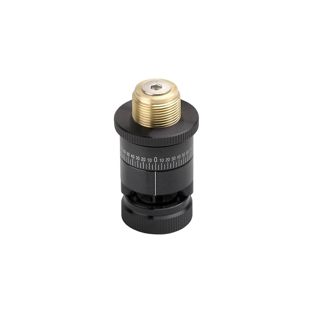 Black cylindrical metal device with numeric dial and gold threaded top connector.