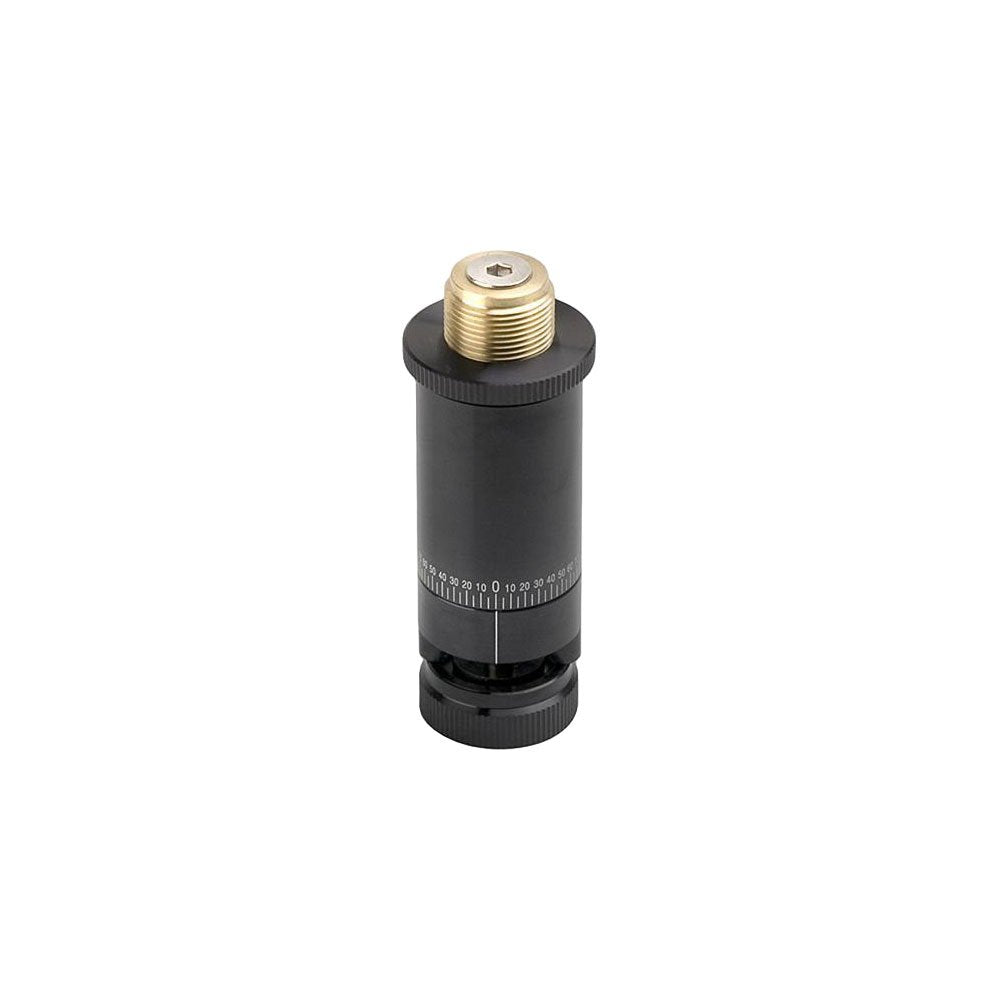 Black cylindrical metal component with a threaded brass connector and rotary dial marked in degrees.