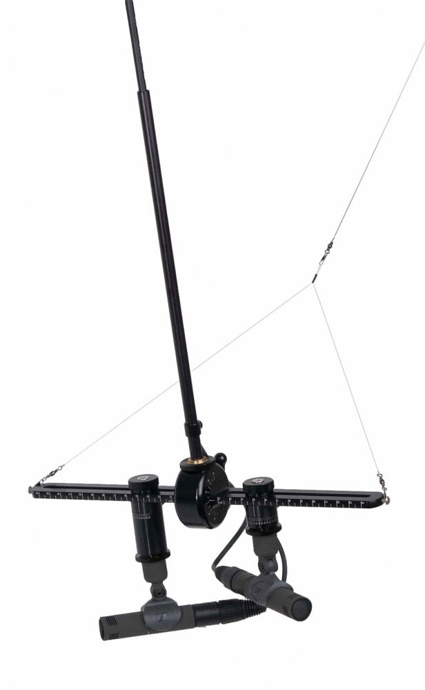 Two small microphones mounted on a horizontal bar with adjustment knobs, supported by a vertical rod and tension cables.