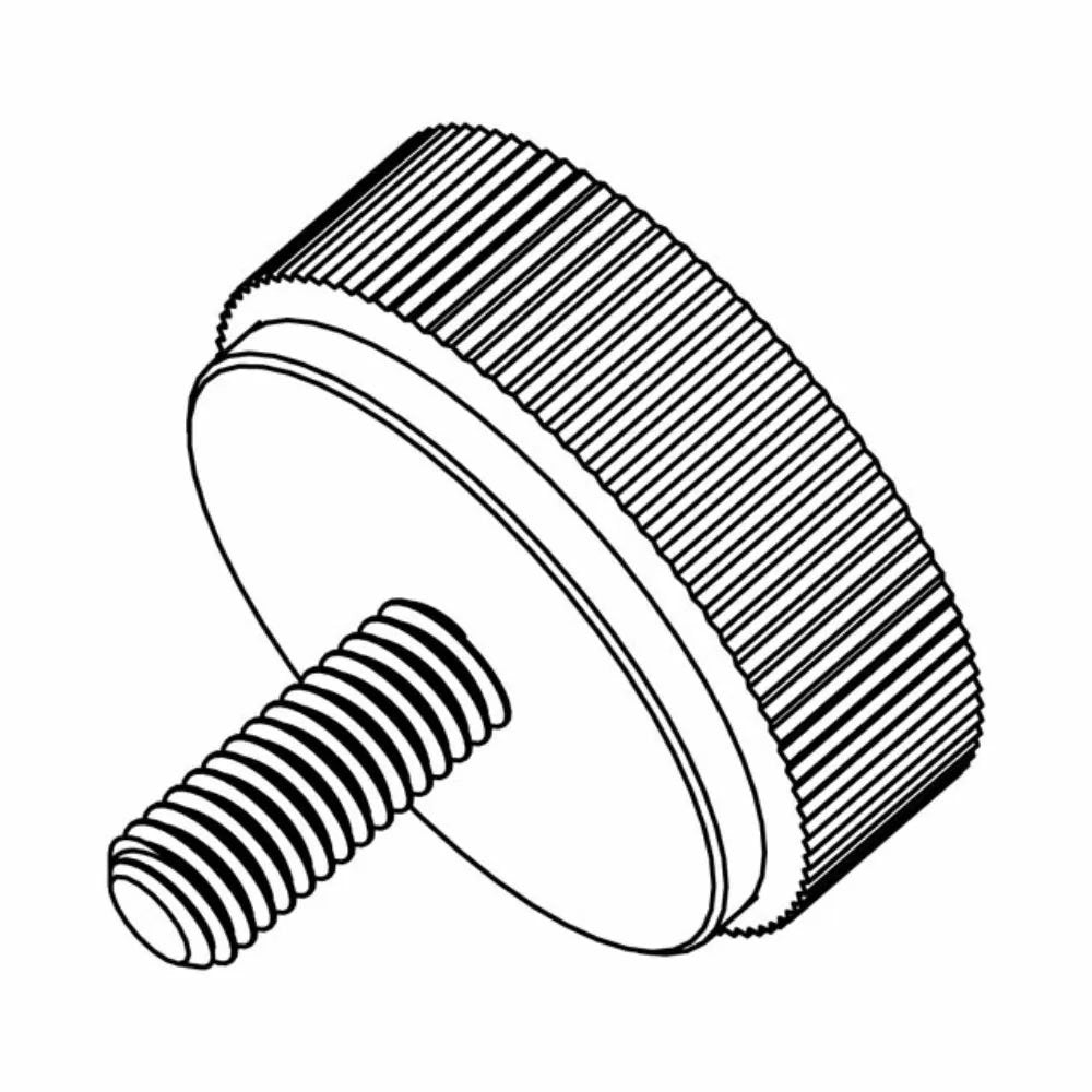Black-and-white diagram of a threaded knob or screw with a ridged cylindrical head and threaded shaft.