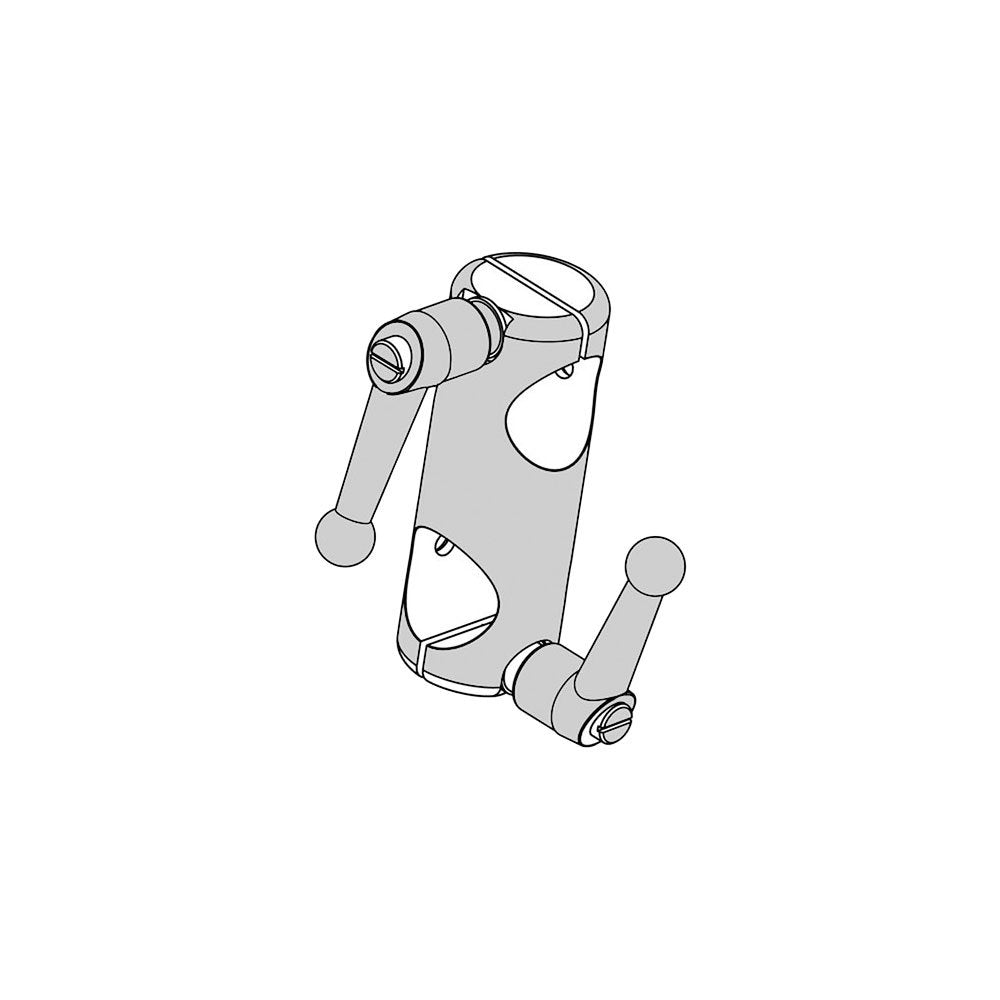 Diagram of a metal mounting bracket with two adjustable lever arms and screws.