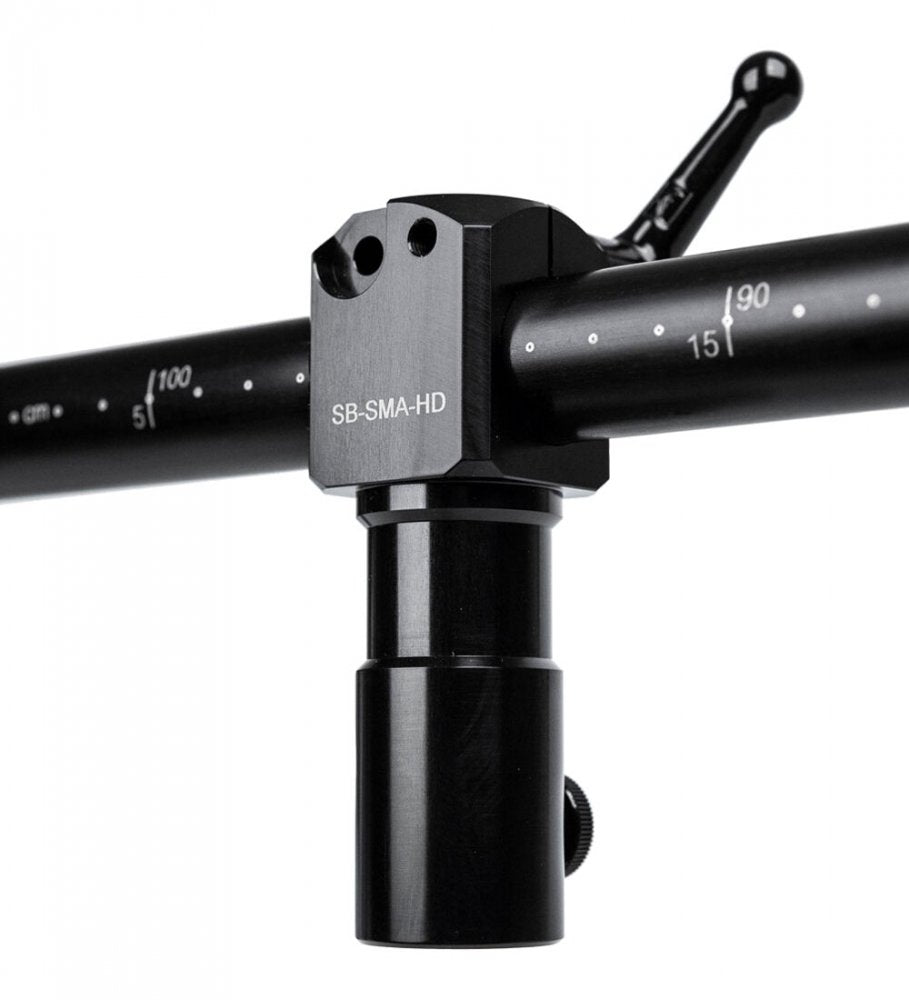 Black metal microphone stand boom arm mount with angle markings and lever handle