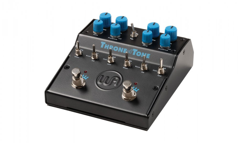 Black dual-channel guitar effects pedal with blue knobs and multiple toggle switches labeled Throne of Tone.