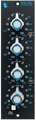 Front view of a 550b audio equalizer module with four rotary knobs and two toggle switches on black panel.