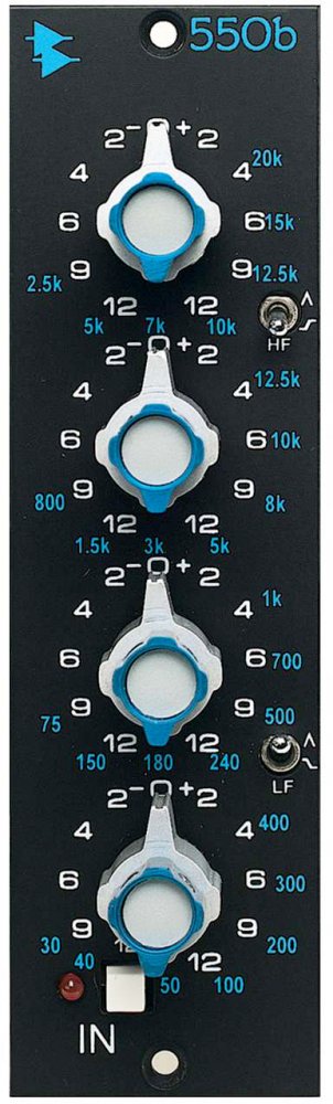 Front view of a 550b audio equalizer module with four rotary knobs and two toggle switches on black panel.