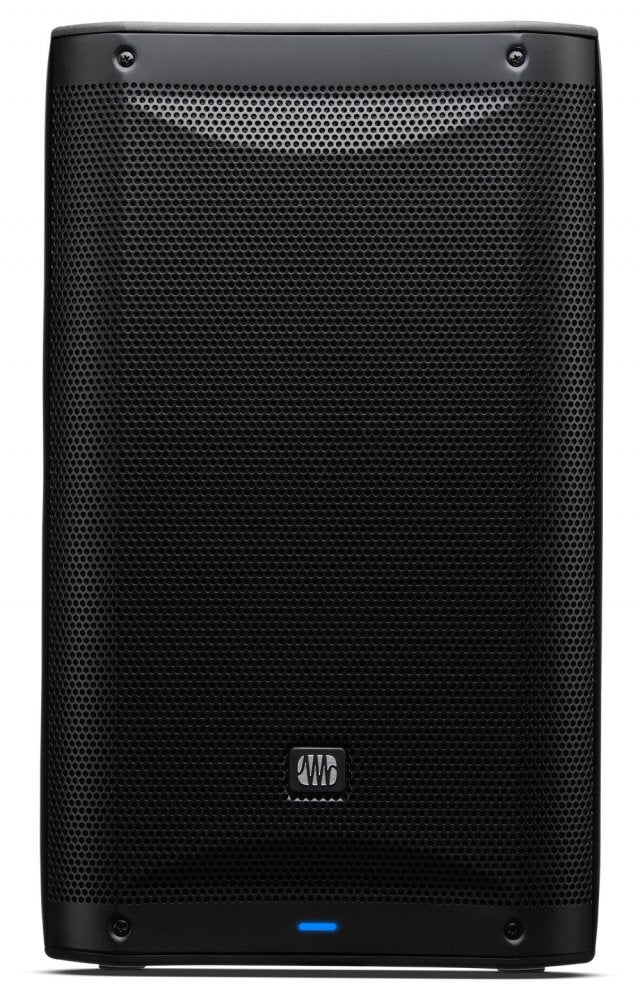 Front view of a black studio monitor speaker with a perforated metal grille and a small blue light at the bottom.