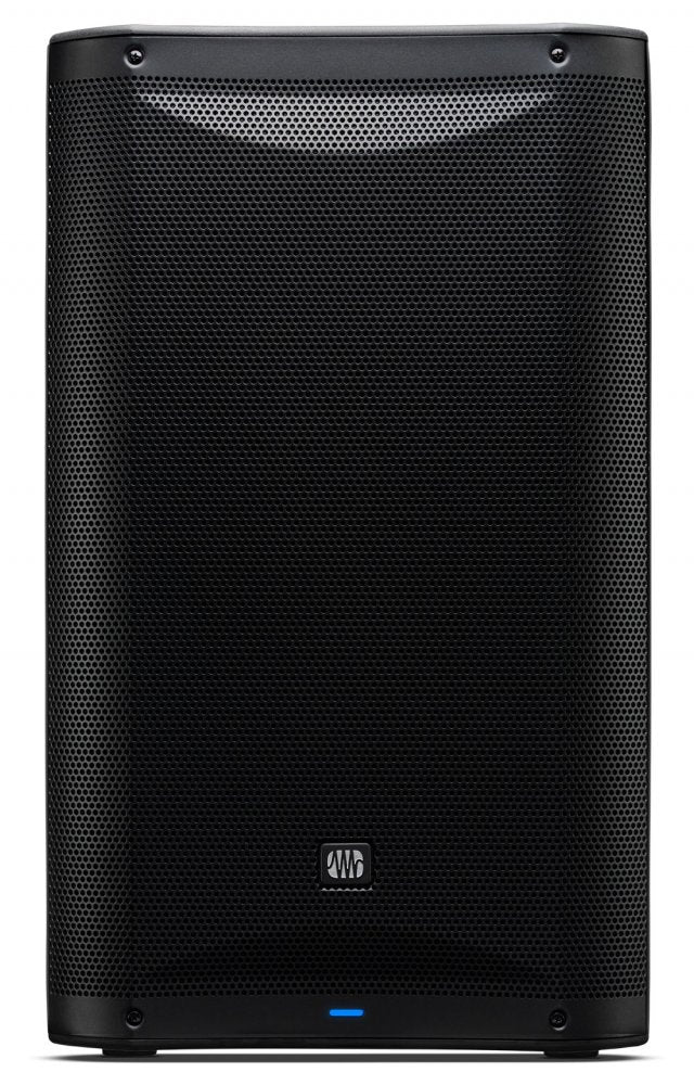 Front view of a black speaker with a metal mesh grille and a small blue indicator light at the bottom.