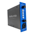 Audio preamp module with black metal body, blue front panel, control knobs, buttons, and a combo input jack.