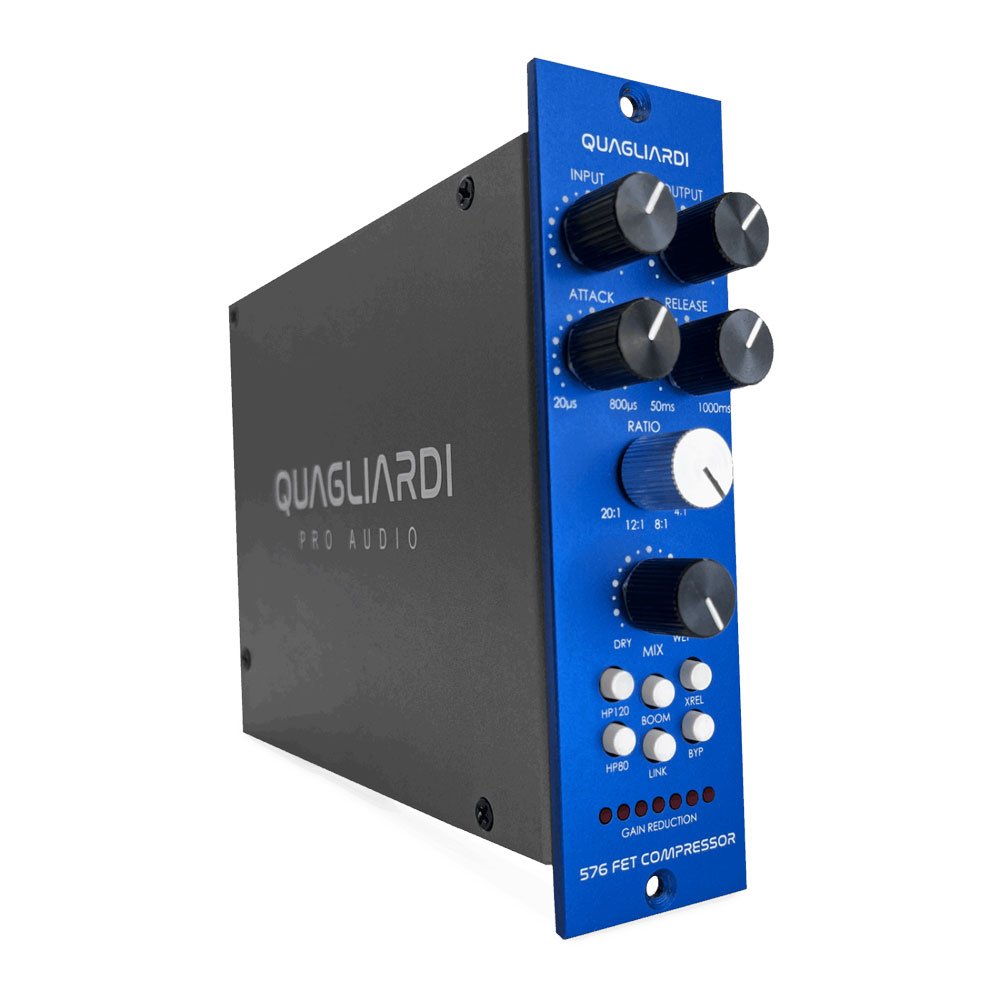 Blue and black QUAGLIARDI 576 FET Compressor module with knobs and buttons on front panel.