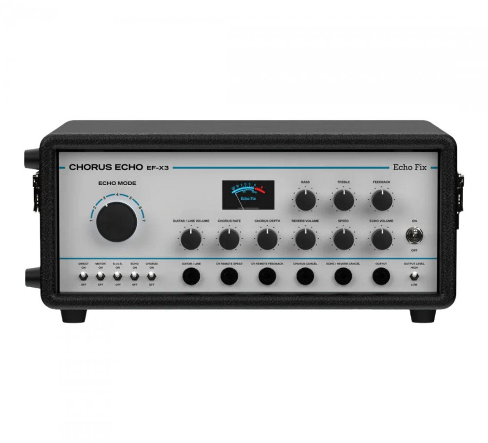 Front view of a black and gray chorus echo unit with multiple knobs, switches, and jacks.