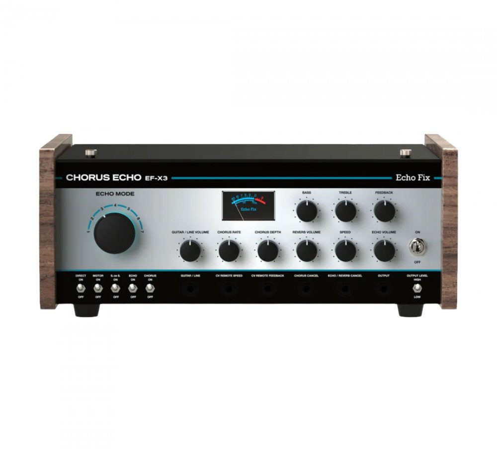 Black and silver audio device with knobs, toggle switch, and multiple jack inputs, featuring wooden side panels.