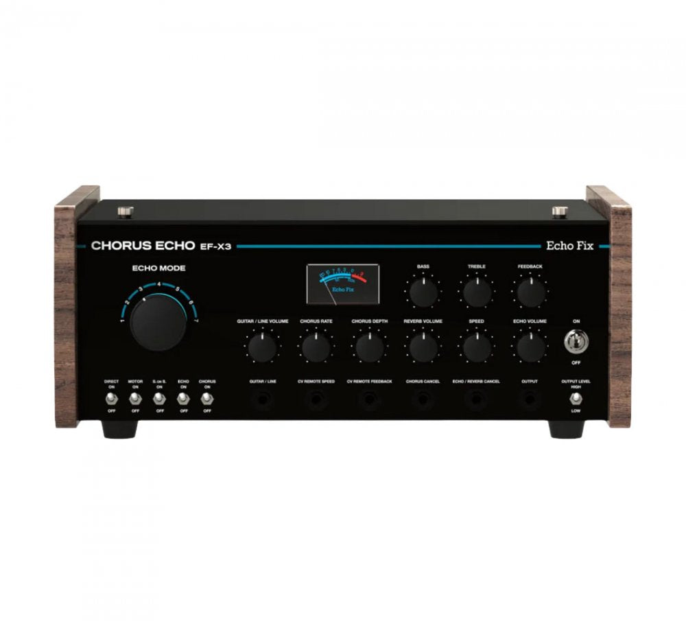 Black Echo Fix EF-X3 chorus echo audio device with wood side panels and multiple control knobs and switches.