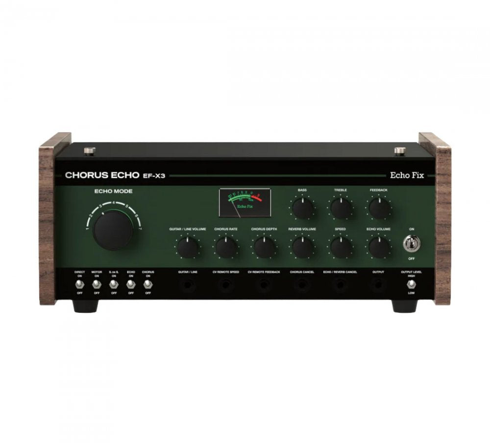 Black and vintage green audio effects unit with multiple knobs, switches, jacks, and wooden side panels.