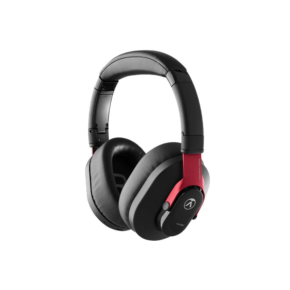 Black and red over-ear headphones with padded ear cushions and a button on the ear cup.
