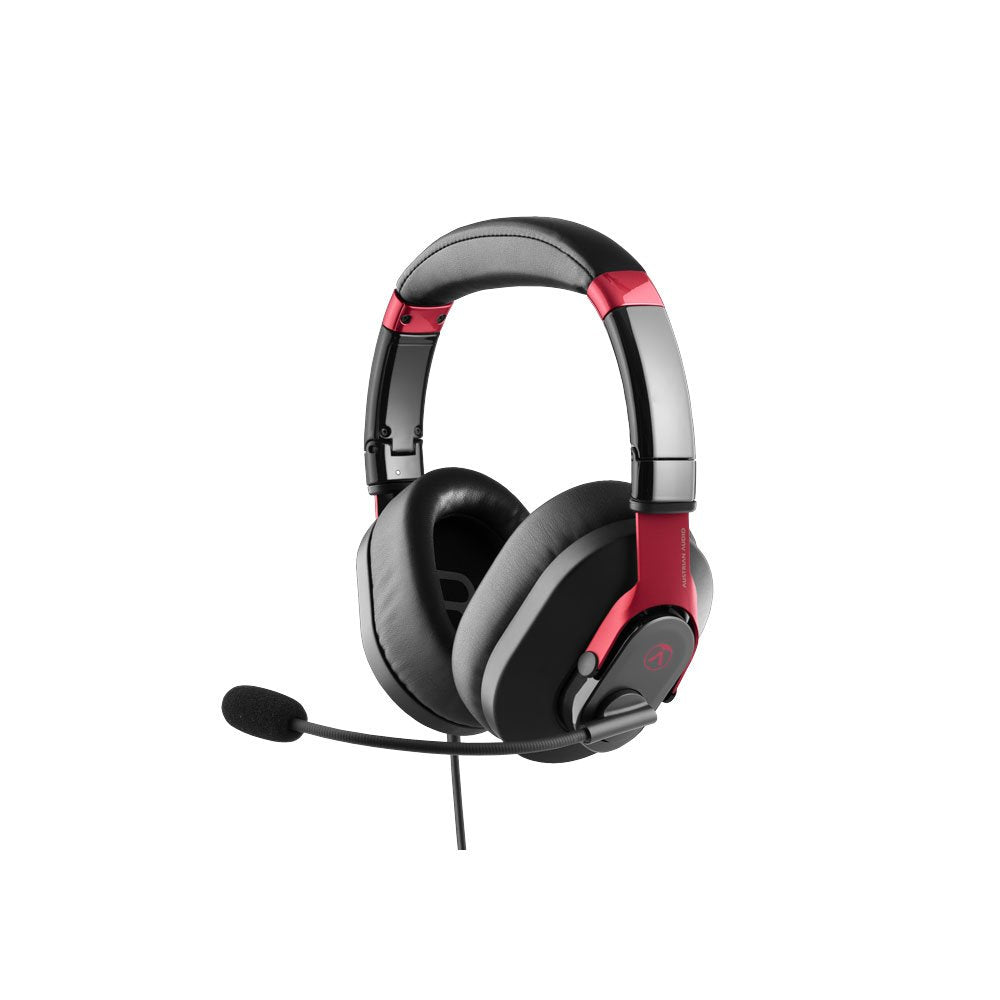 Black and red over-ear headset with attached boom microphone and wired cable.