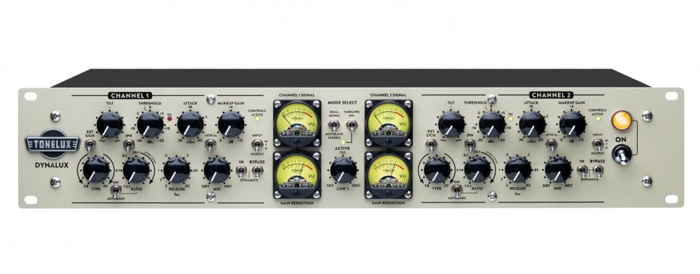 Front panel of Tonelux Dynalux audio processor with dual channel controls, VU meters, and various knobs and switches.