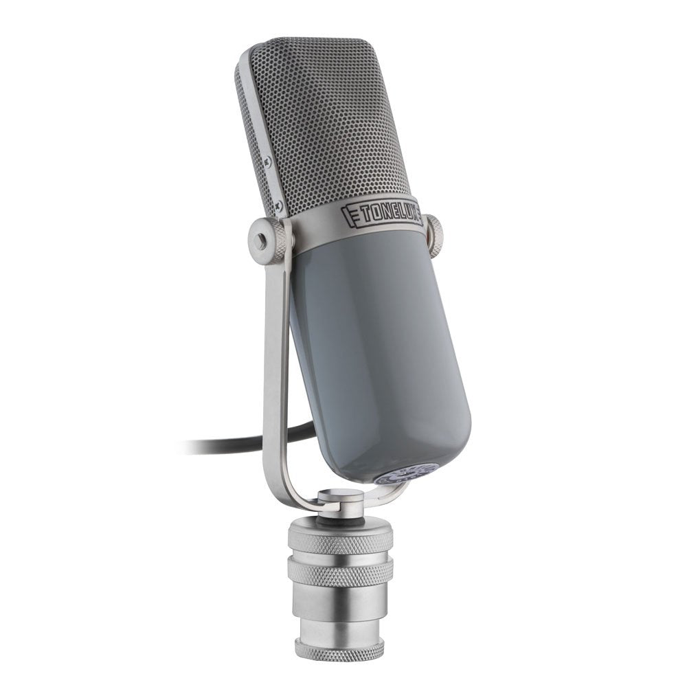 Gray and silver microphone with TONELUX logo and attached cable shown on white background.