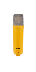Yellow condenser microphone with silver mesh grille and RØDE logo on the body.
