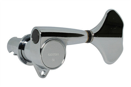 Close-up of a single chrome bass guitar tuning machine with black plastic tuning key.