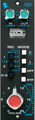Audio compressor module with knobs, buttons, and a gain reduction meter display on black panel.