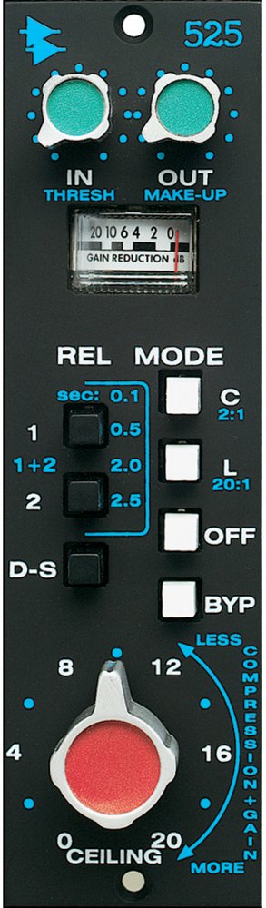 Audio compressor module with knobs, buttons, and a gain reduction meter display on black panel.
